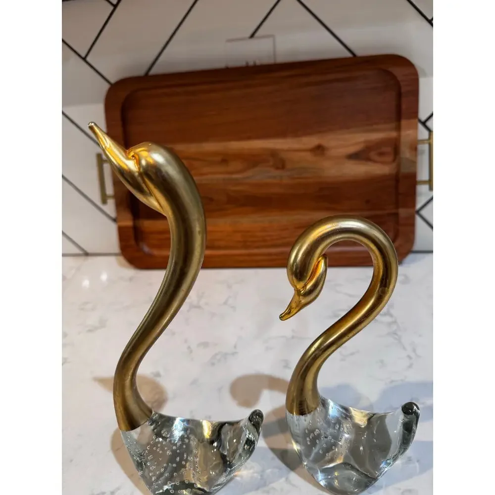 vintage Penco Mid Century Modern brass glass swan figurines bubble-glass base